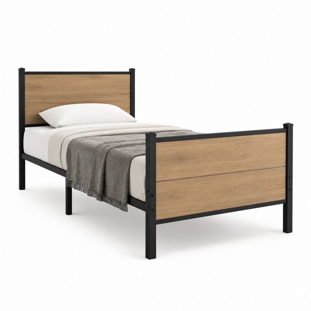 Letto singolo con struttura in acciaio nero e pannelli effetto rovere 90 x 190 cm