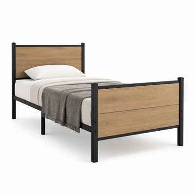 Letto singolo con struttura in acciaio nero e pannelli effetto rovere 90 x 190 cm
