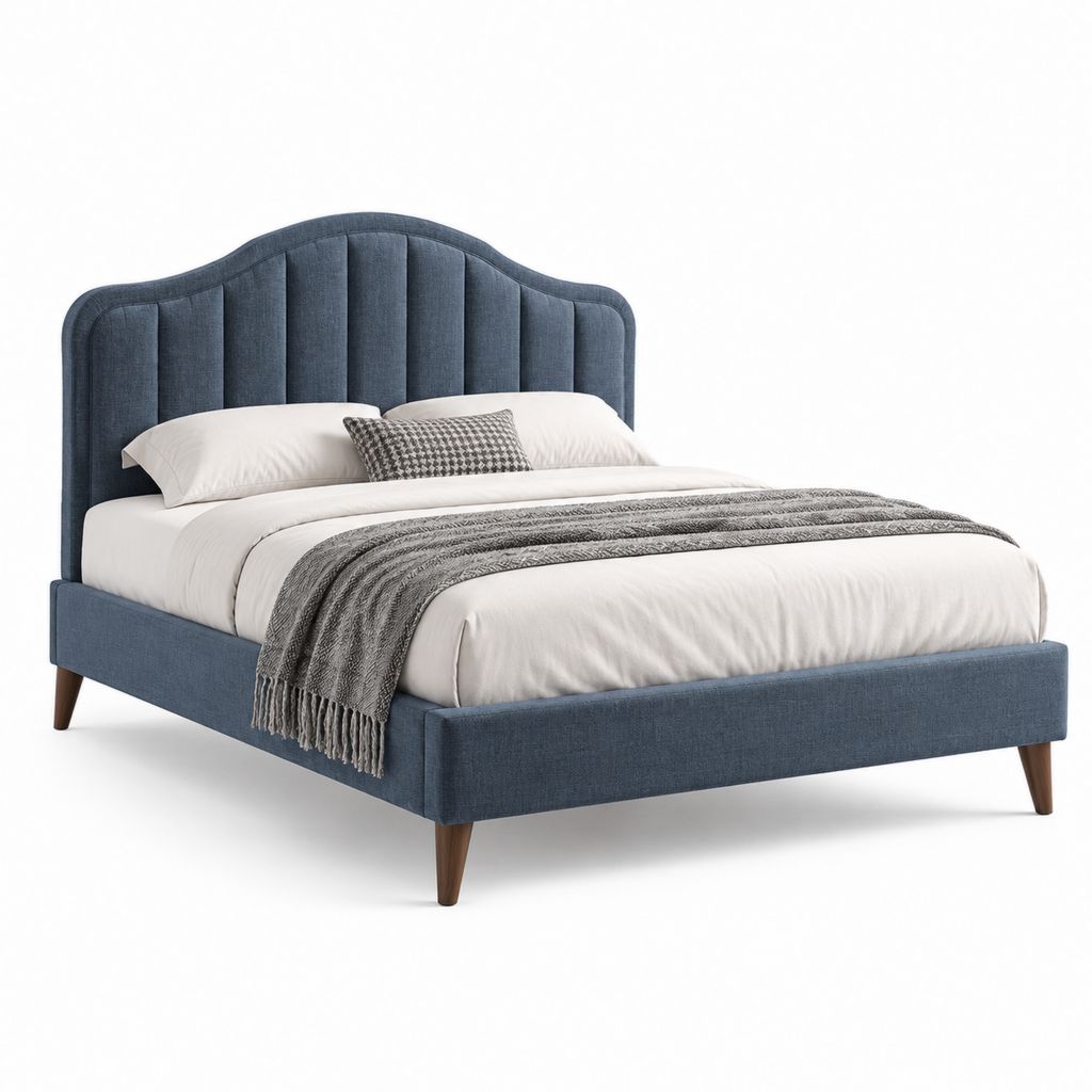 Letto matrimoniale imbottito blu in poliestere con testiera curva 160 x 200 cm