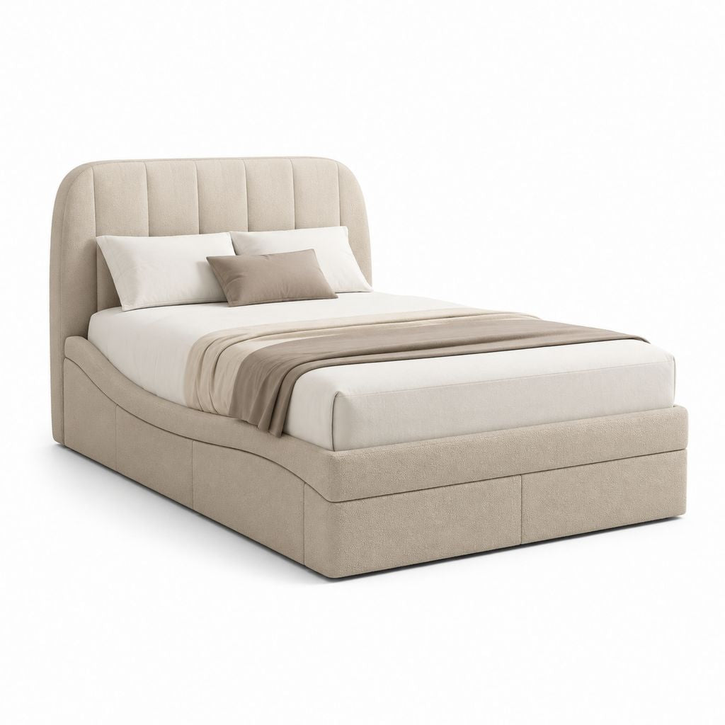 Letto matrimoniale imbottito beige in poliestere con testiera arrotondata 160 x 200 cm
