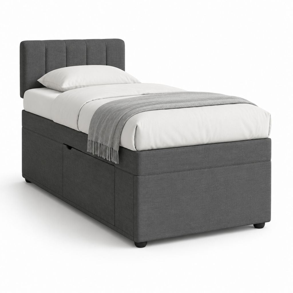 Letto singolo contenitore grigio in poliestere con testiera imbottita 90 x 190 cm