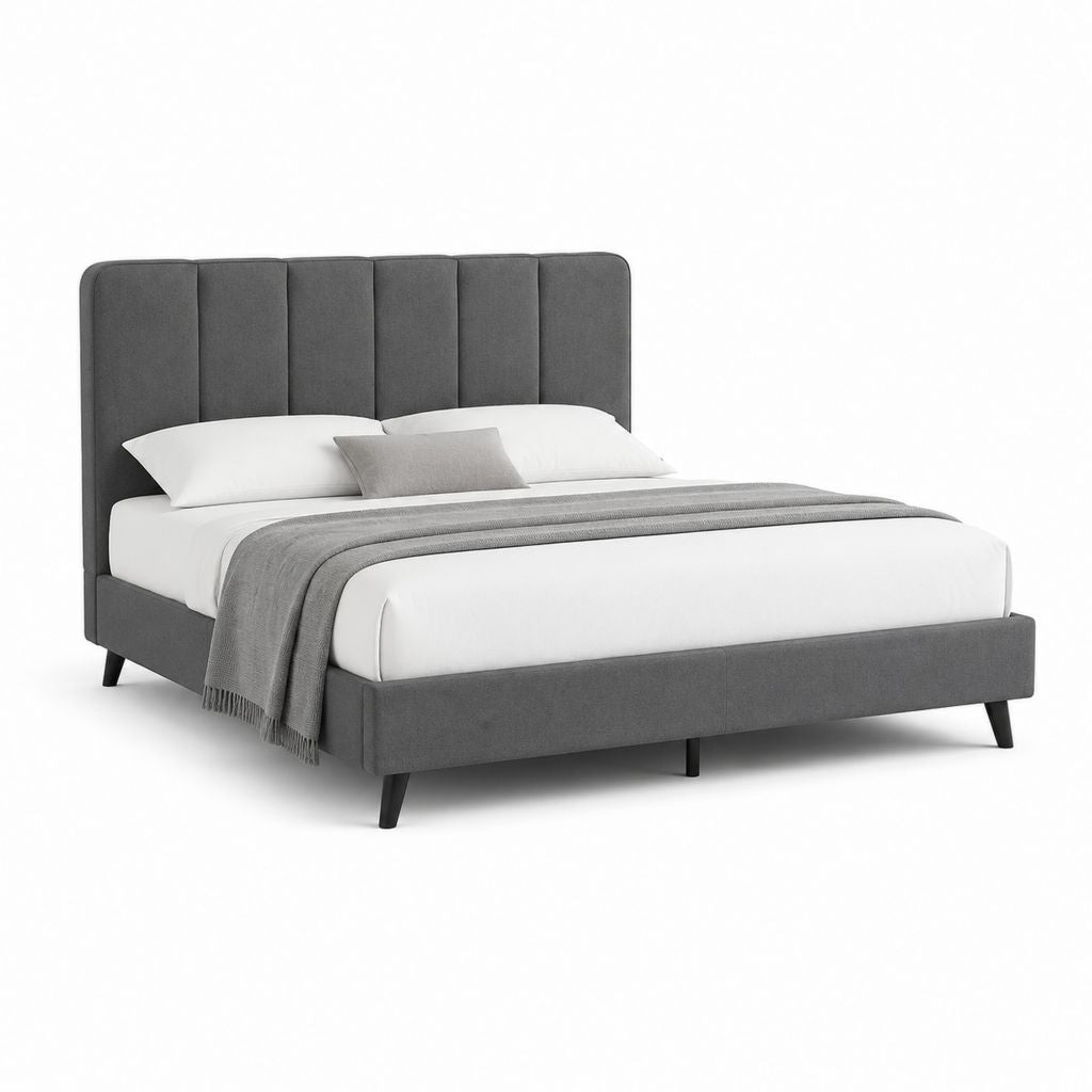 Letto matrimoniale imbottito grigio scuro in poliestere con testiera alta 175 x 220 x 115 cm
