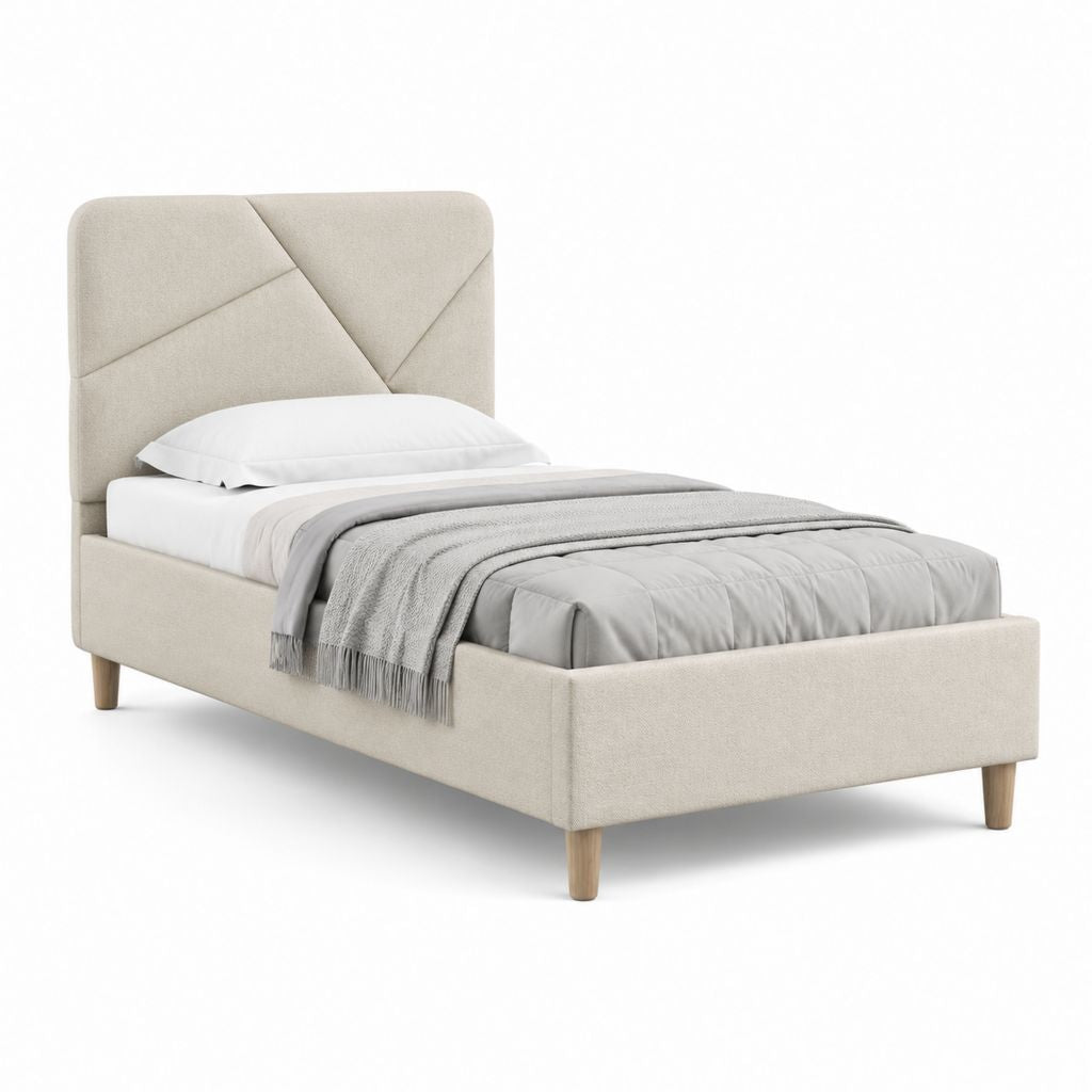 Letto singolo imbottito beige in poliestere con testiera geometrica 90 x 190 cm