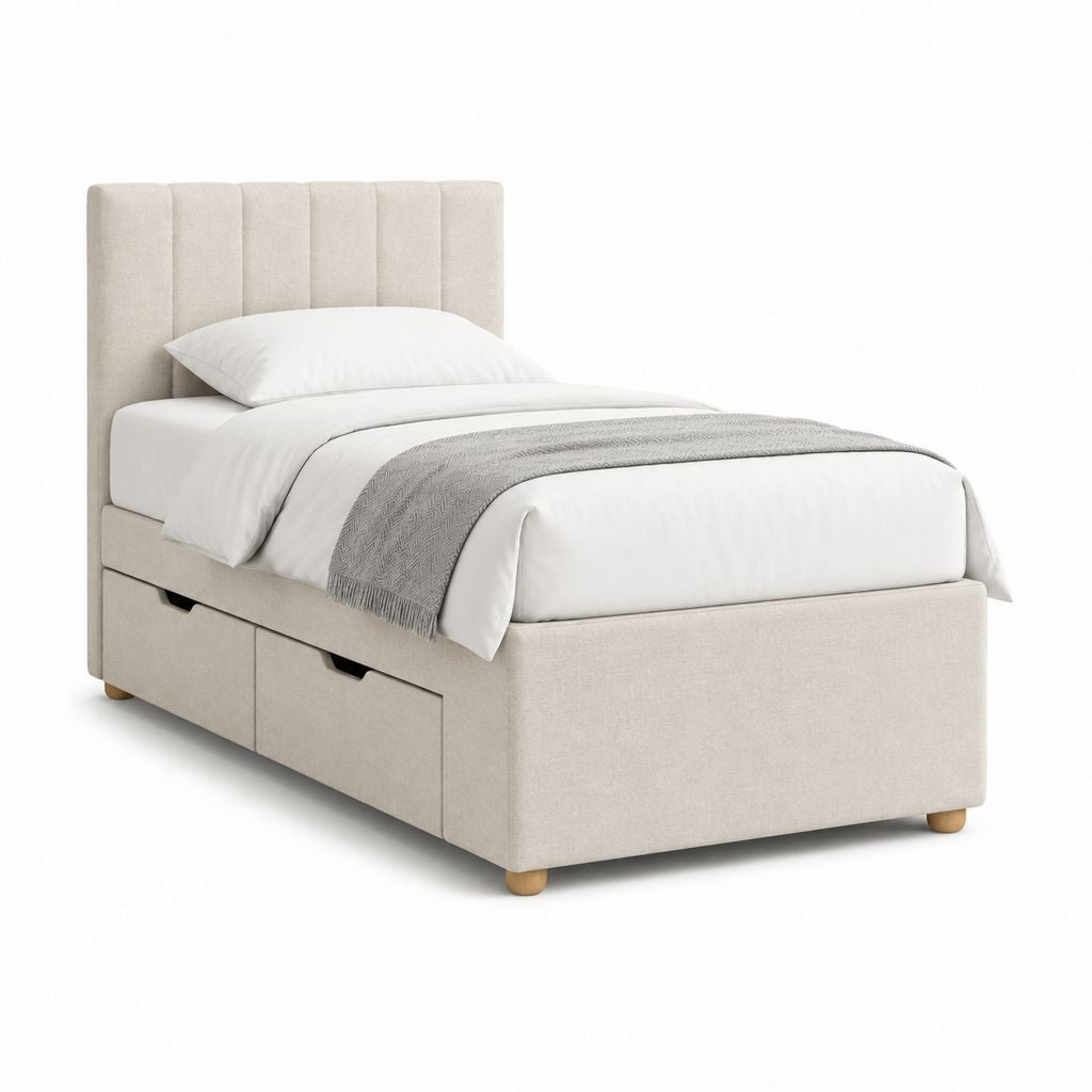 Letto singolo contenitore beige in poliestere con testiera imbottita 90 x 200 cm