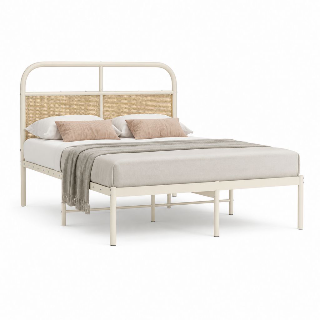 Letto matrimoniale 160 x 200 cm crema in acciaio e rattan con testiera rettangolare
