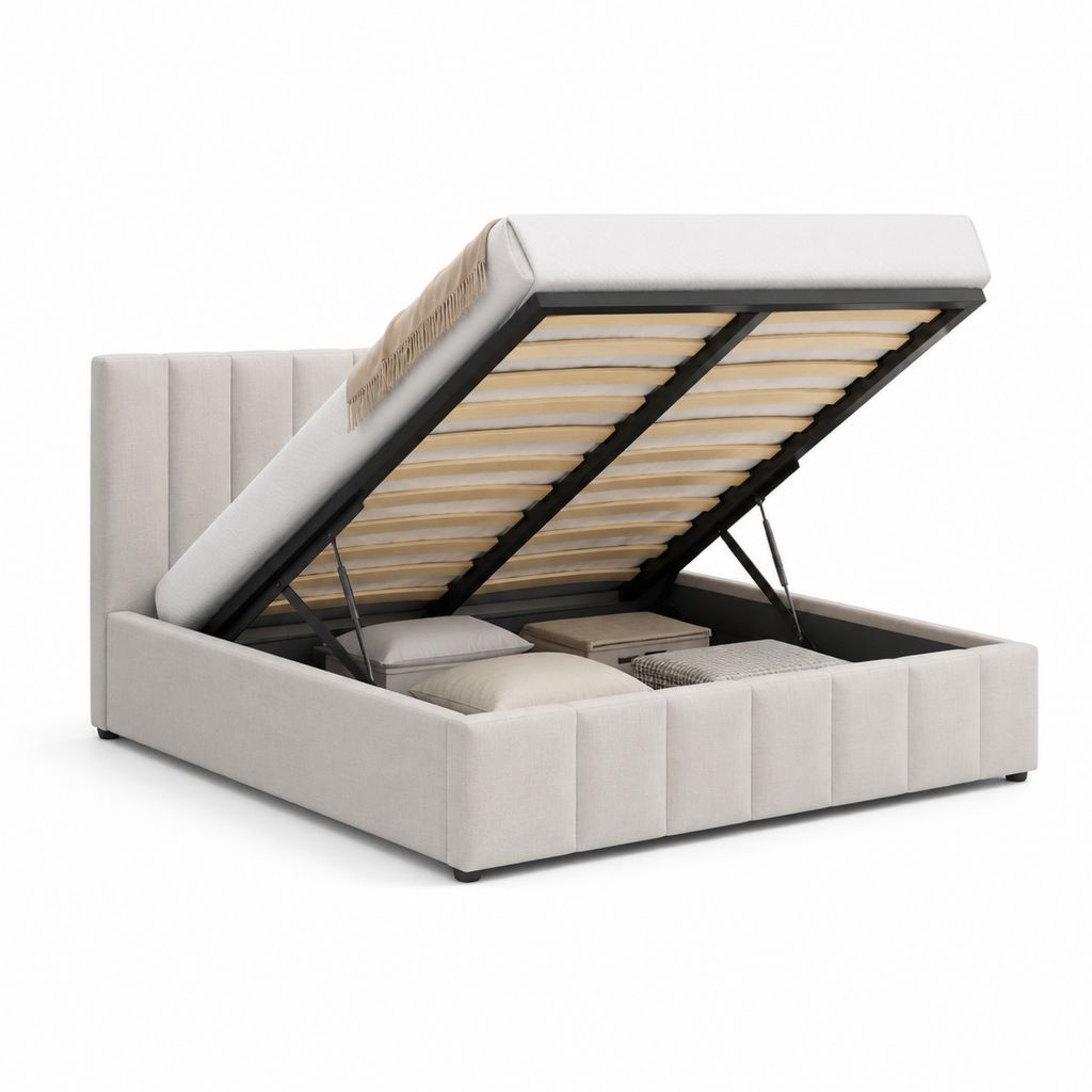 Letto matrimoniale contenitore 160 x 200 cm beige in poliestere con rete a doghe e sollevamento a gas