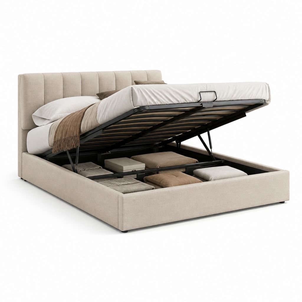 Letto contenitore matrimoniale beige in poliestere con rete a doghe 160 x 200 cm