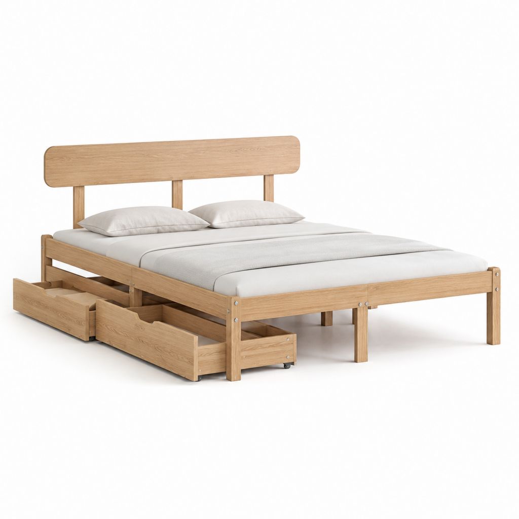 Letto matrimoniale con 2 cassetti rovere naturale legno massello rettangolare 160 x 200 cm