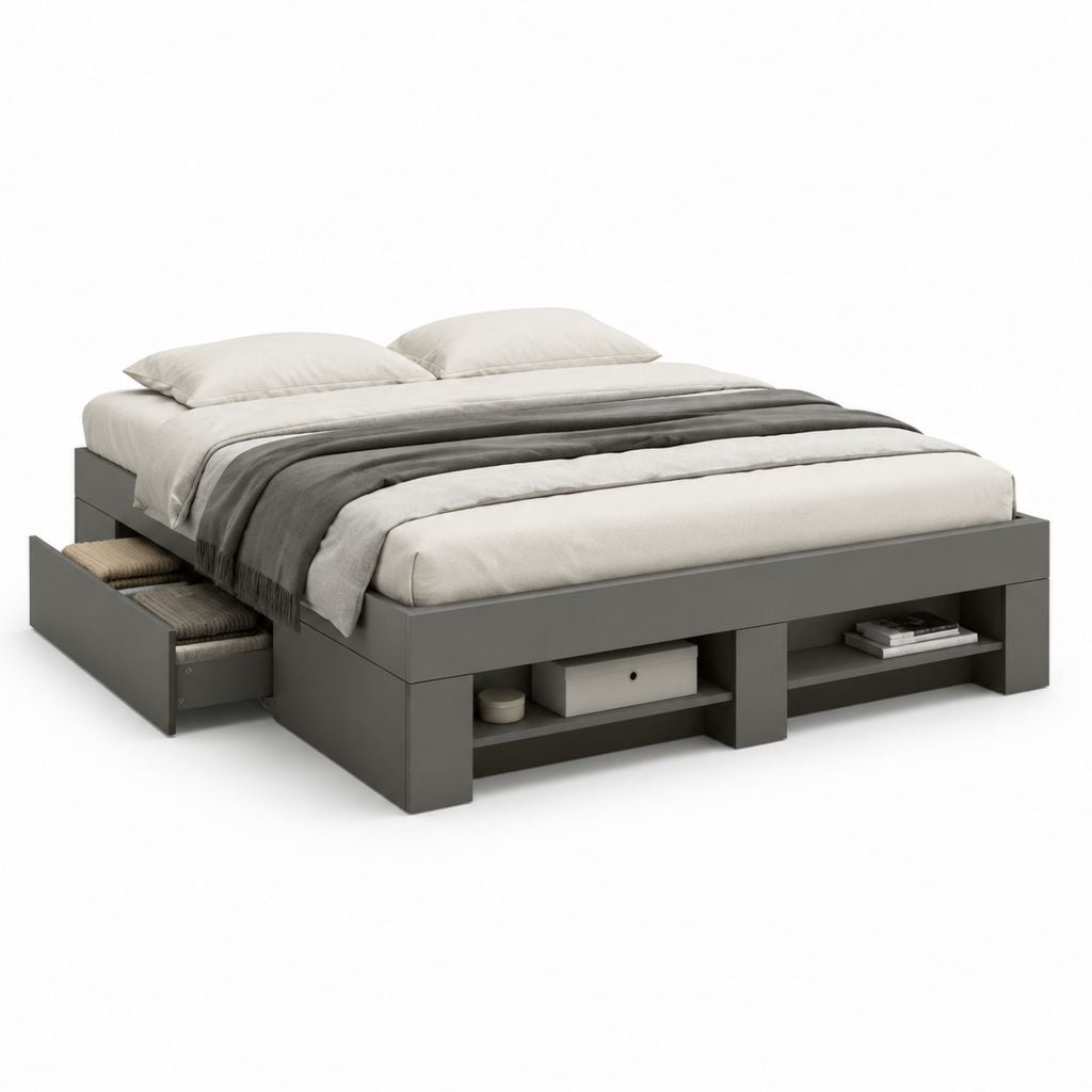 Letto matrimoniale con contenitore grigio in pannelli di particelle 160 x 200 cm