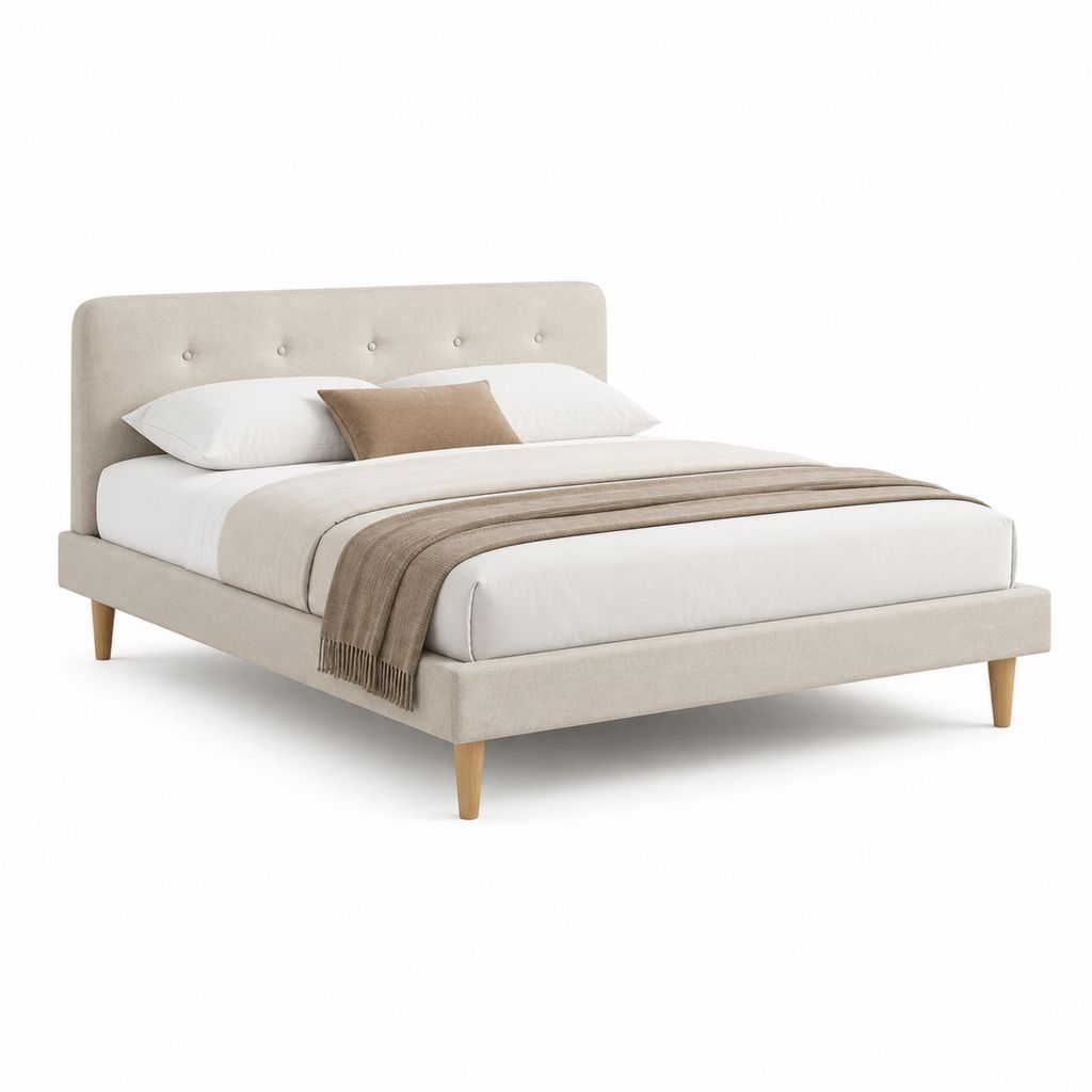 Letto matrimoniale imbottito beige in poliestere rettangolare con rete a doghe 160 x 200 cm