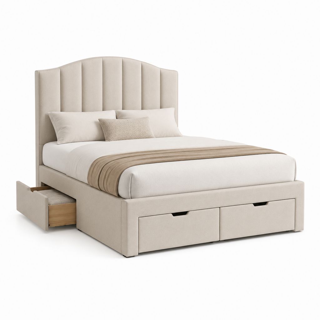 Letto matrimoniale contenitore beige rivestito in poliestere 160 x 200 cm