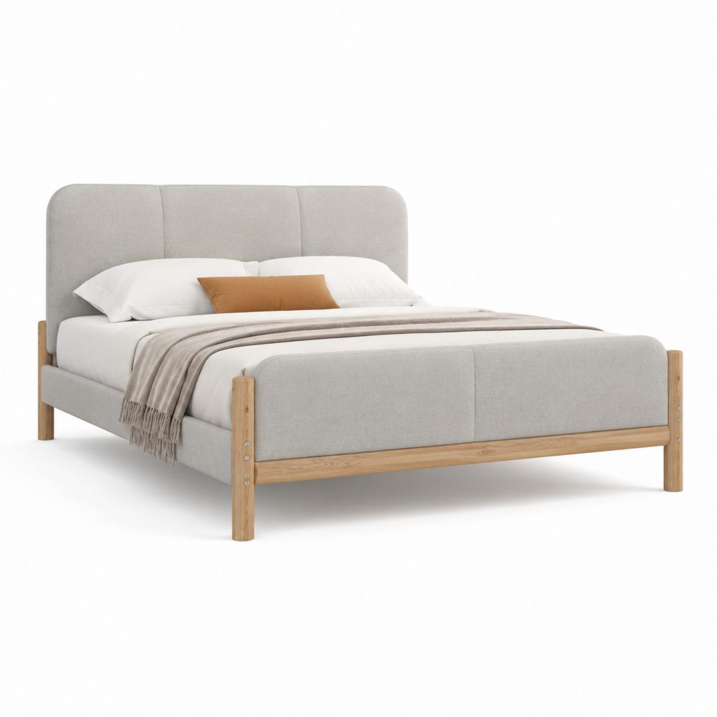 Letto matrimoniale imbottito grigio con struttura in legno massello 160 x 200 cm