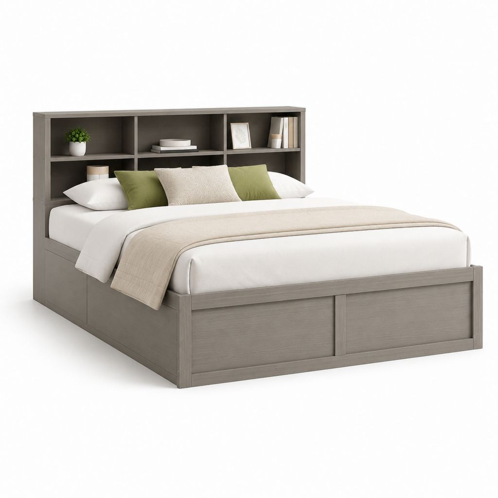 Letto matrimoniale con testiera libreria grigio tortora in MDF 168 x 218 x 120 cm