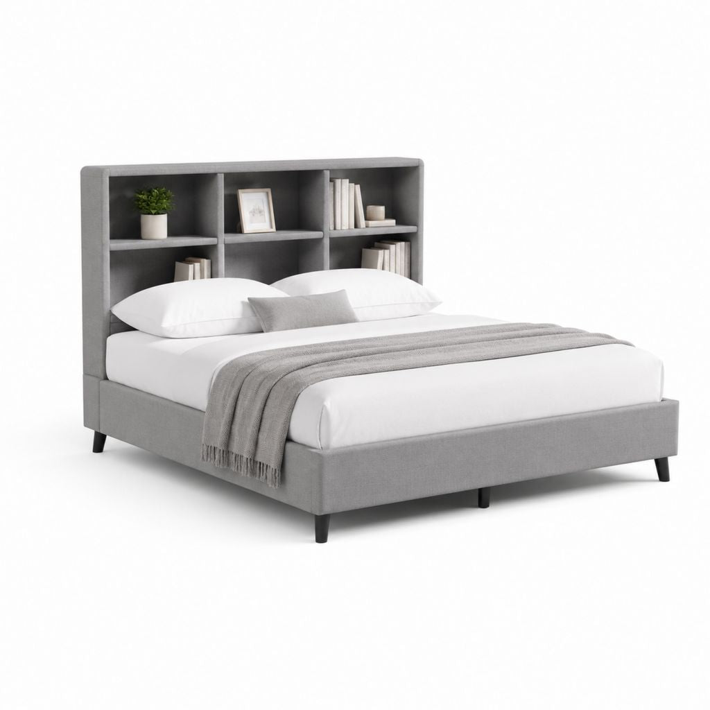 Letto matrimoniale con testiera libreria grigio in poliestere 160 x 200 cm