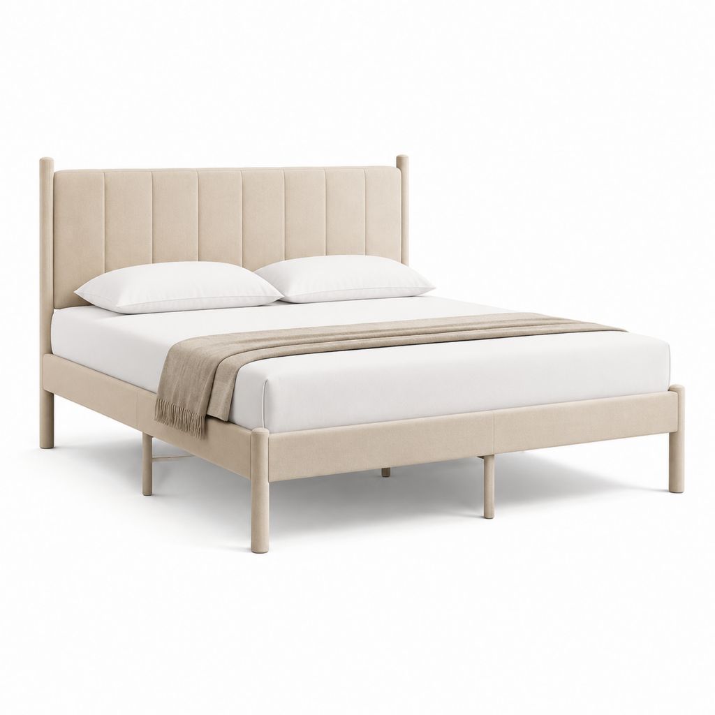 Letto matrimoniale con testiera imbottita beige in poliestere 160 x 200 cm