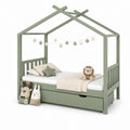 Letto singolo per bambini a casetta verde salvia in pino massello 90 x 200 cm con cassetto estraibile