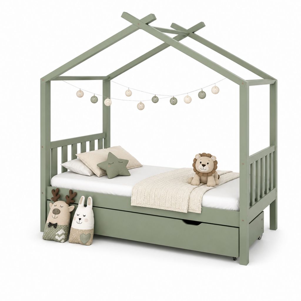 Letto singolo per bambini a casetta verde salvia in pino massello 90 x 200 cm con cassetto estraibile